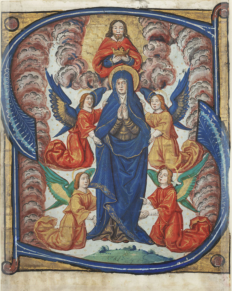 Historiated initial S depicting the Assumption