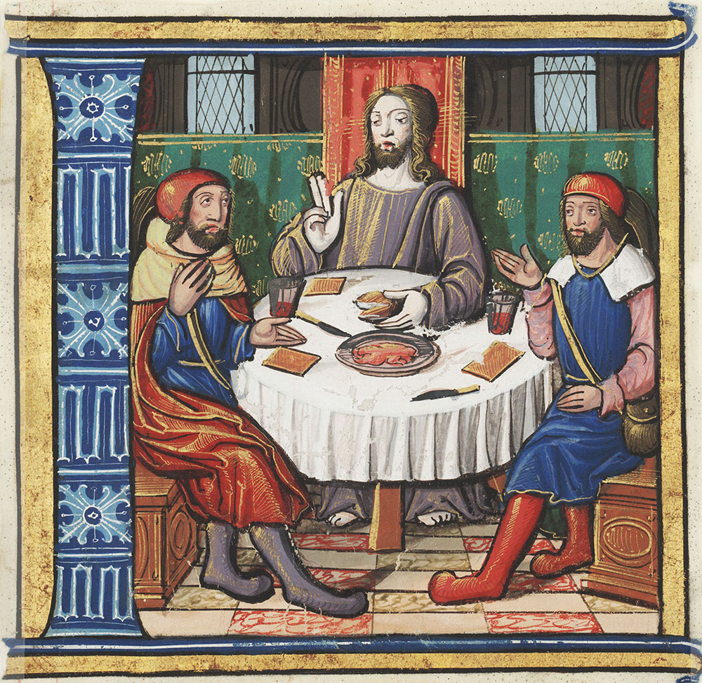 Historiated initial L depicting the supper at Emmaus