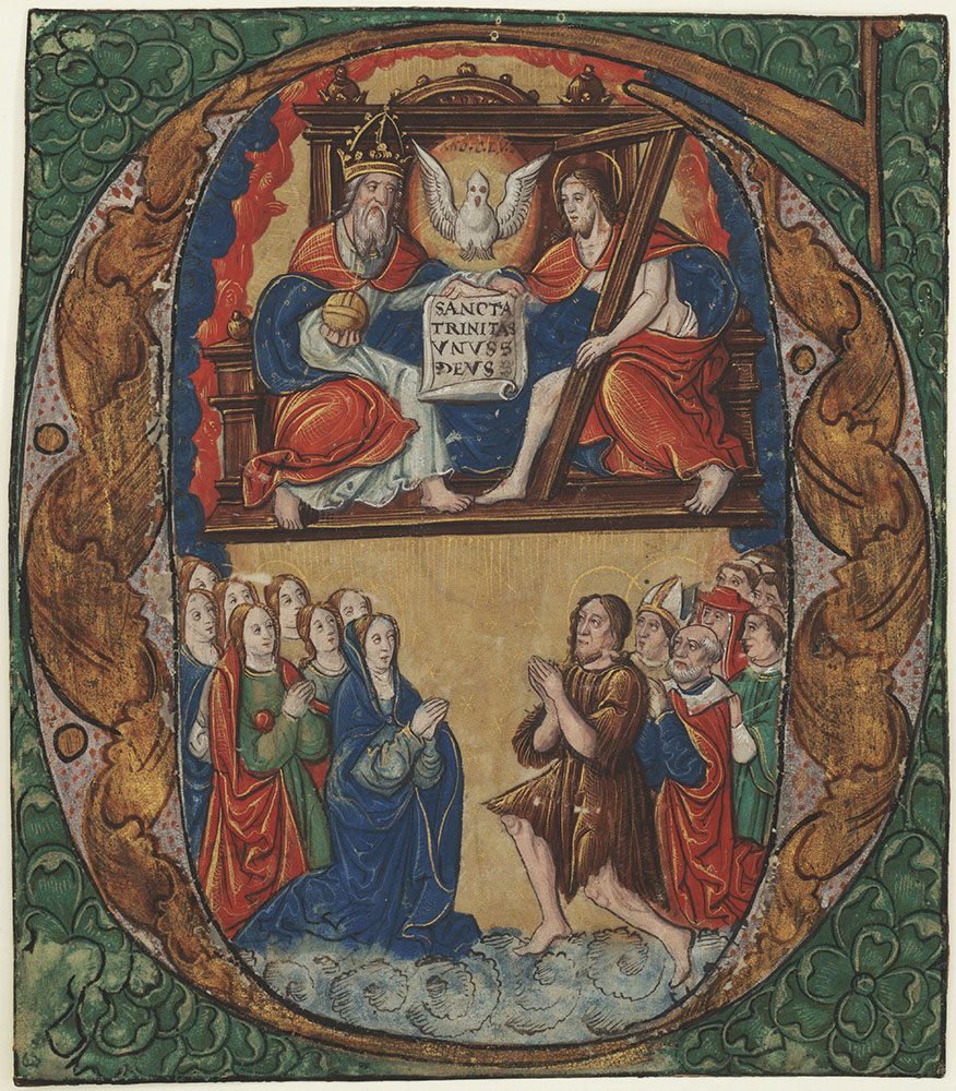 Historiated initial G depicting the Trinity with saints below, including Mary and John the Baptist