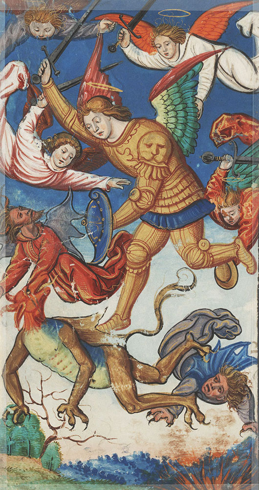 Miniature depicting Michael the Archangel fighting the dragon with his angels
