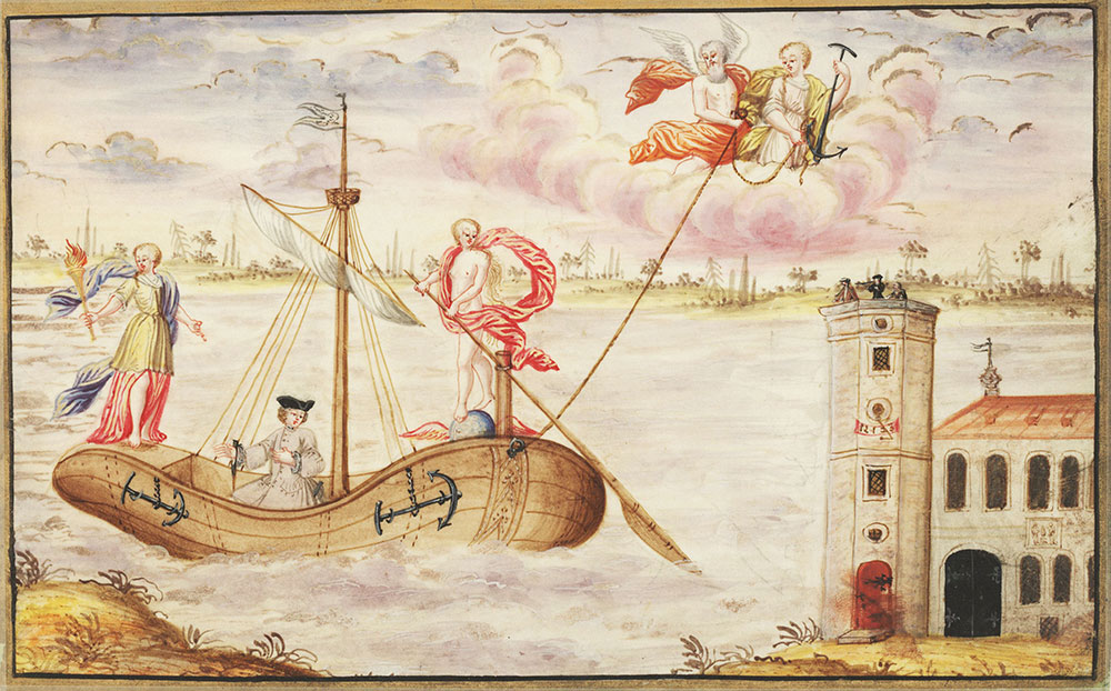 Lady in ship escorted by fame and fortune, Jupiter and Juno above