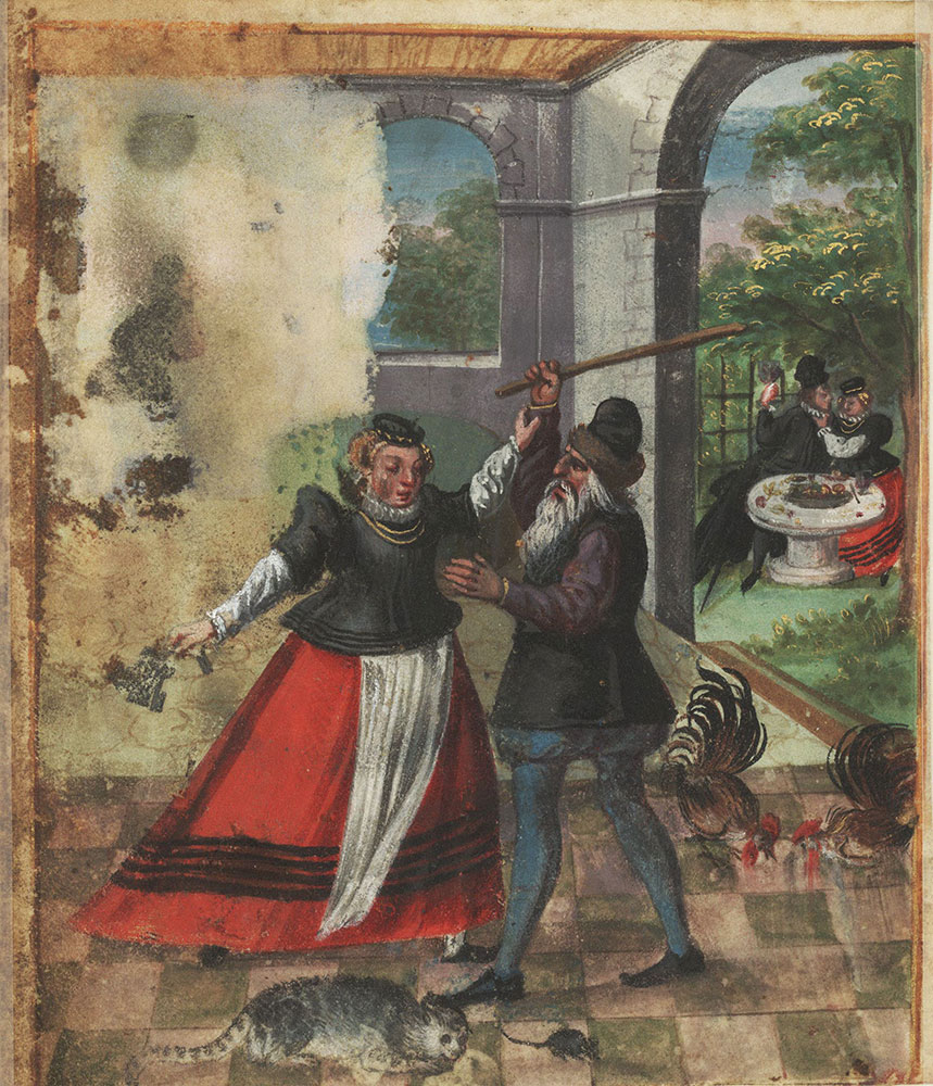 Miniature of a dispute over the housekeeper's keys, with feasting couple in background