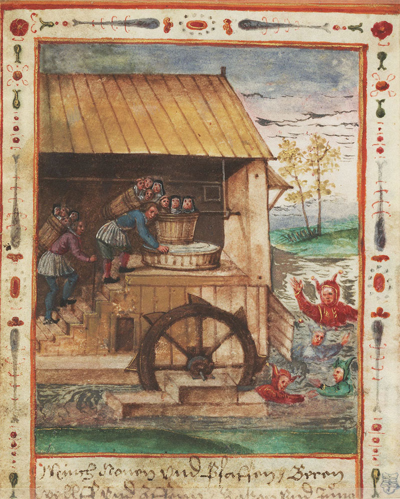 Miniature of the devil rejoicing over a brew made of monks, nuns, and priests