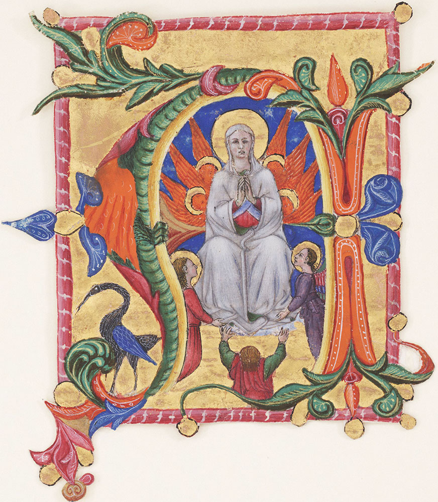 Historiated initial N depicting the Virgin enthroned
