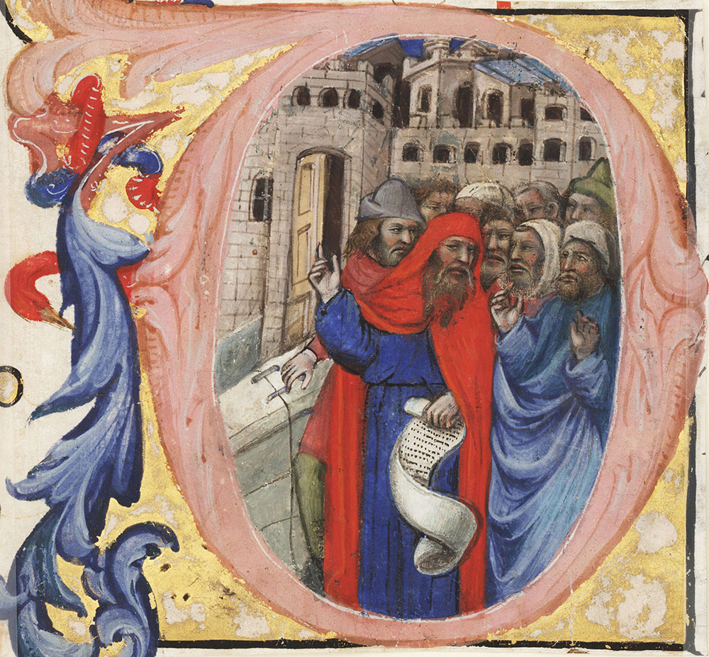 Historiated initial O from an antiphonal depicting a prophet (Ezekiel ?)