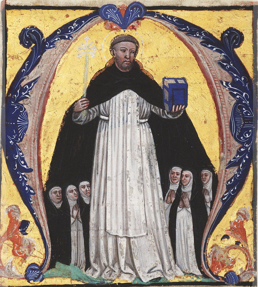 Historiated initial A from an antiphonary depicting St. Dominic venerated by Dominican nuns