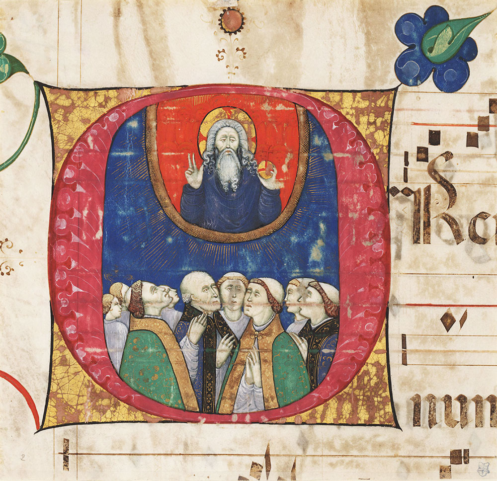 Historiated initial O from an antiphonary depicting clergy communing with God