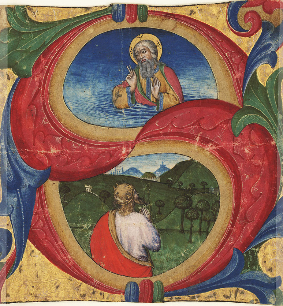 Historiated initial S from an antiphonary, depicting King David communing with God