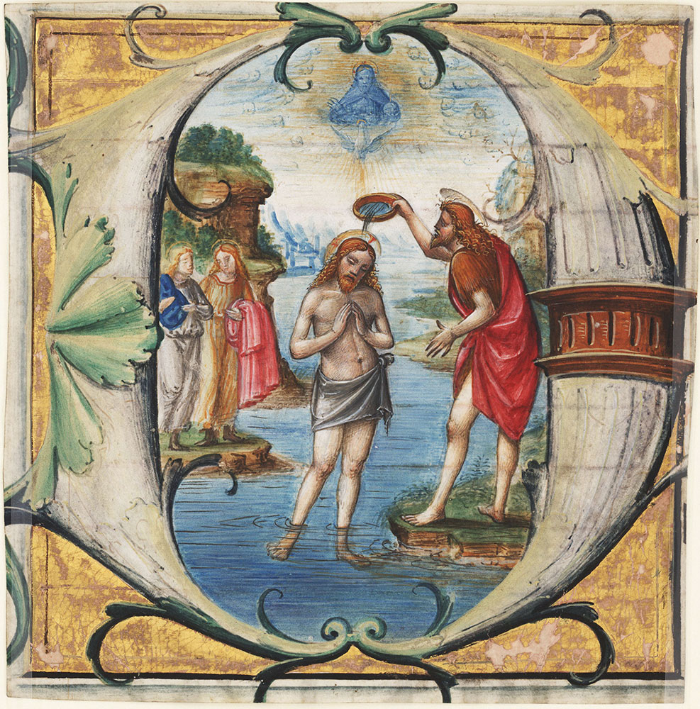 Historiated initial D from a gradual, depicting the baptism of Christ