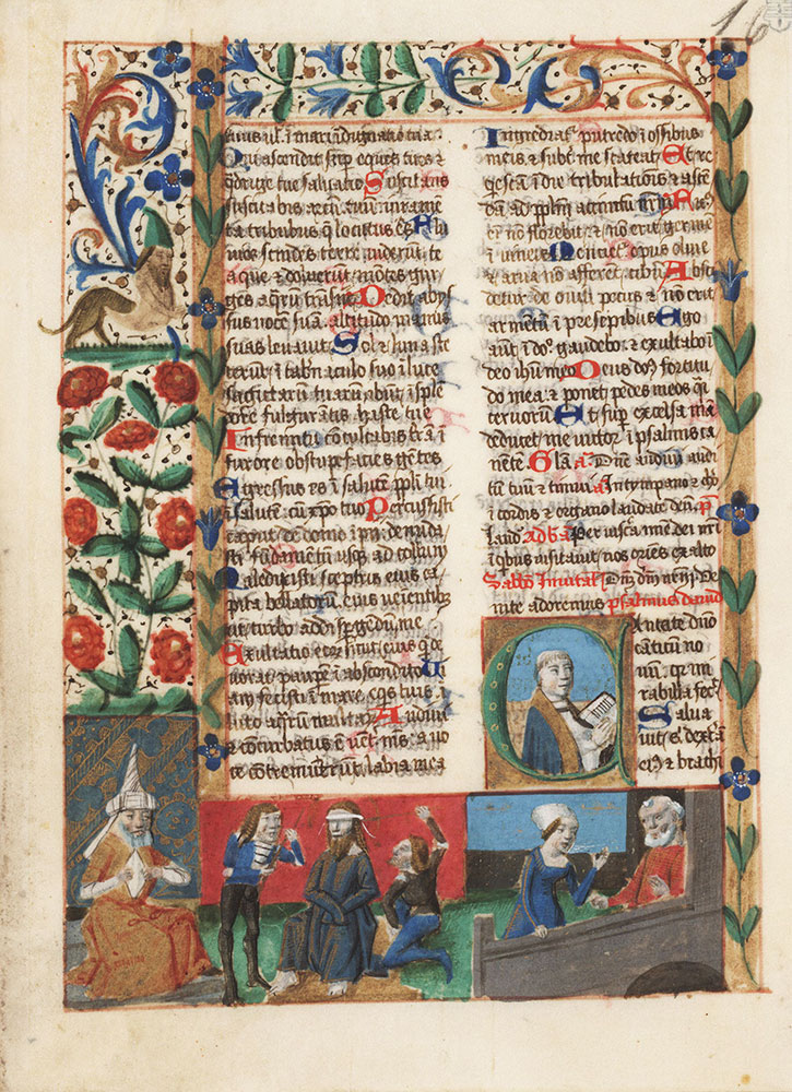 Cutting from a breviary with historiated initial D depicting a monk chanting and scenes from Christ's Passion