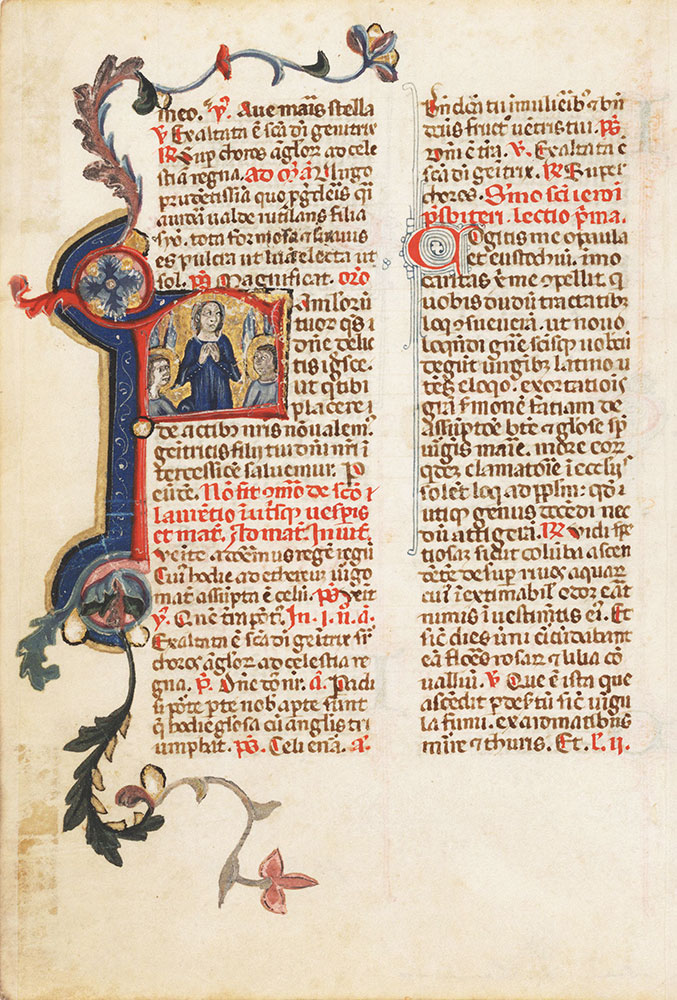 Leaf from a breviary with an initial F depicting the Assumption of the Virgin