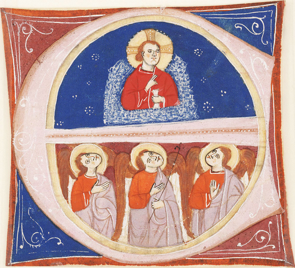 Historiated initial E depicting Christ and three angels