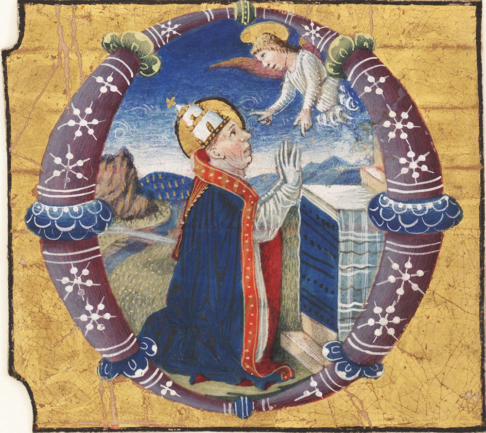Historiated initial O with a pope kneeling at an altar, communing with an angel