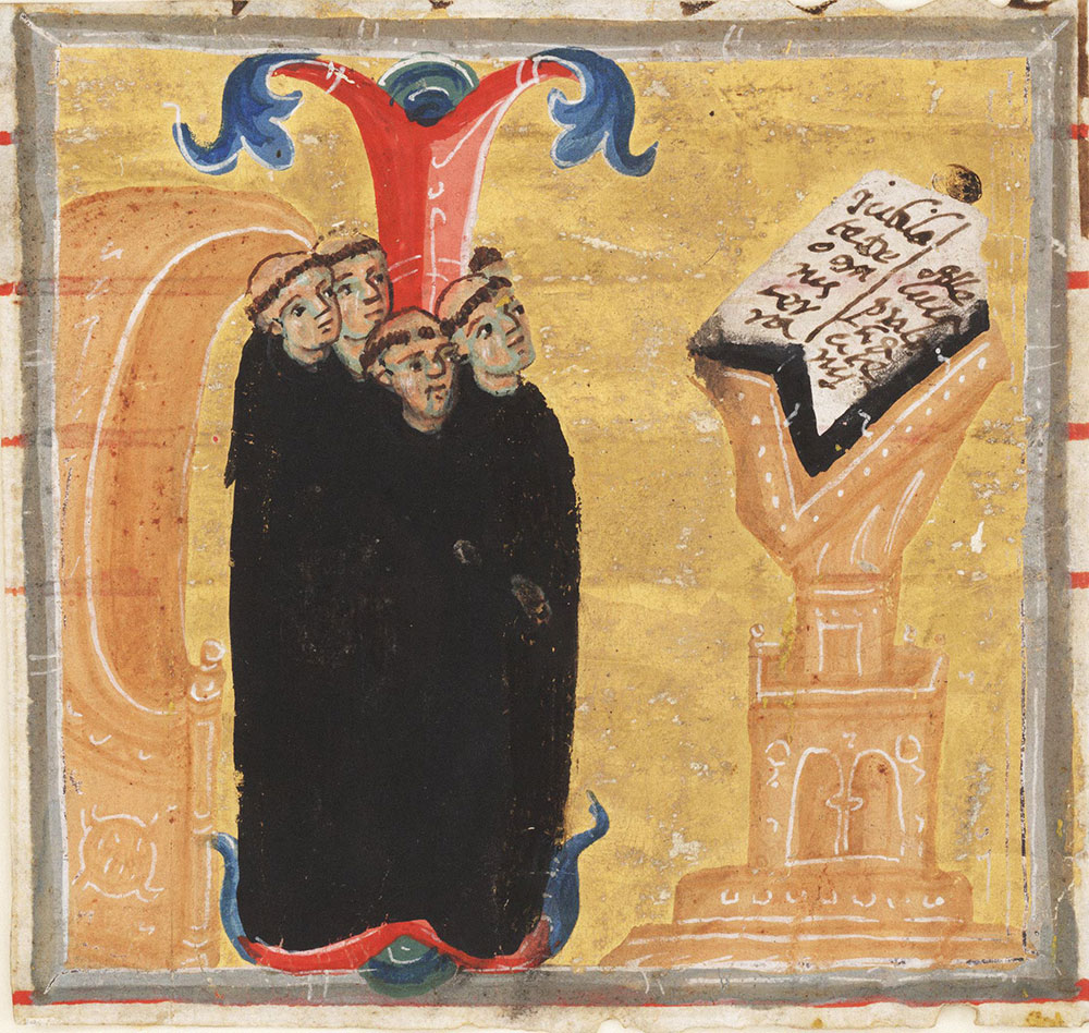 Miniature of monks reading from a lectern