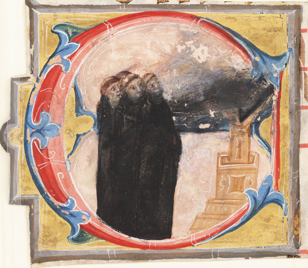 Initial C from a choir book with singing monks