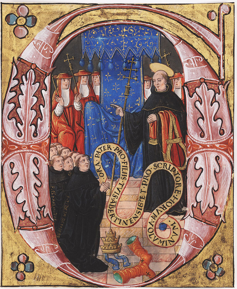 Initial G with St. Gregory I (?) appearing to a group of Benedictine Monks