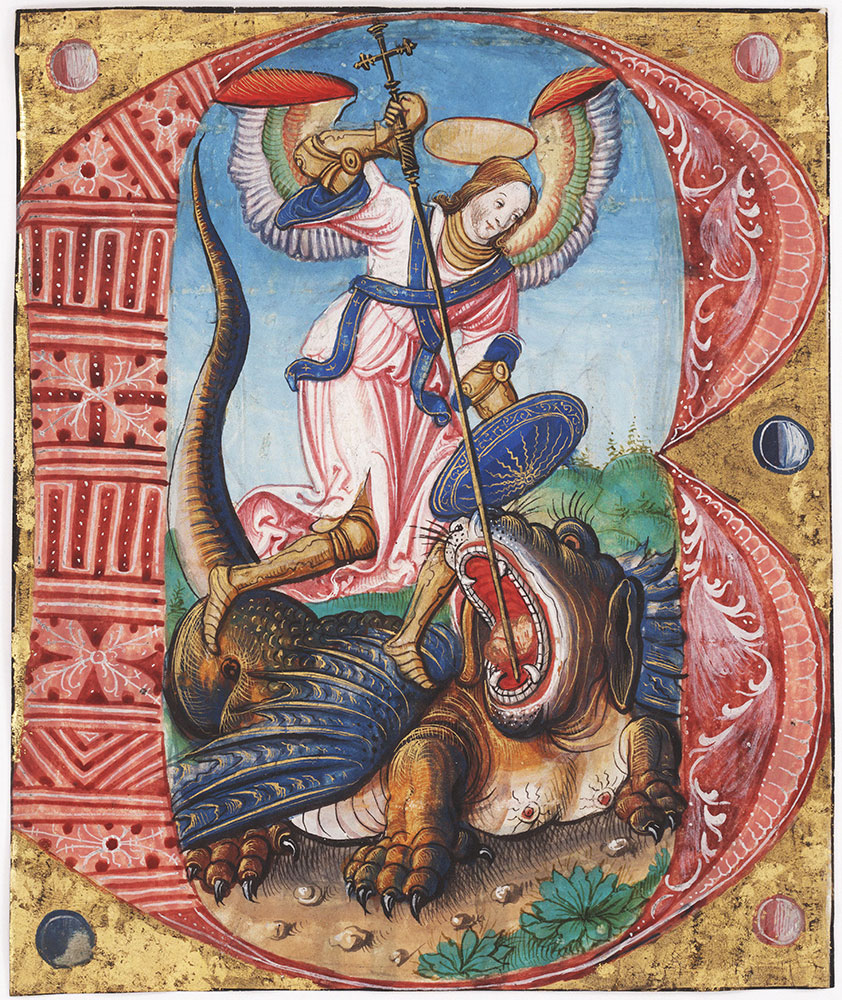 Initial B with St. Michael Archangel slaying the dragon