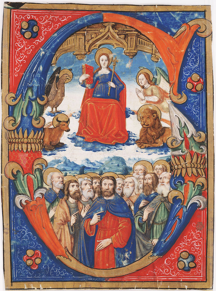 Initial G with the Virgin enthroned and surrounded by the symbols of the four Evangelists and the Apostles below