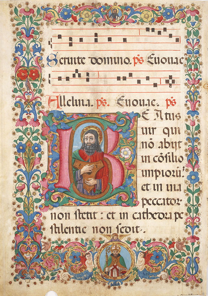 Leaf from an antiphonary with historiated initial B depicting David as musician