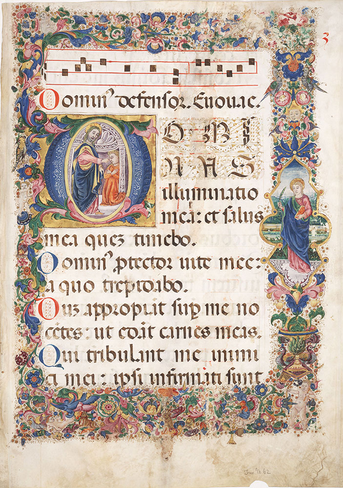 Antiphonal leaf with historiated initial leaf D depicting Christ healing the blind