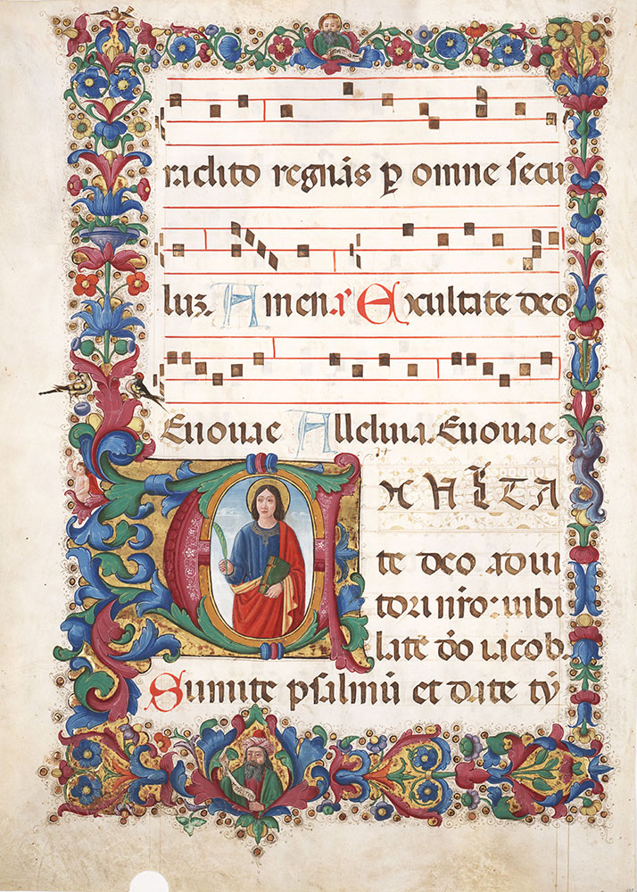Leaf from an antiphonary with historiated initial E depicting John the Evangelist