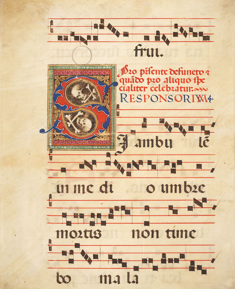 Leaf with a decorated initial S beginning the gradual for a requiem mass