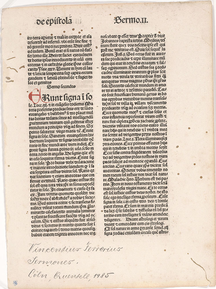[Saint Vincent Ferrer, Sermons, Incunabulum printed at Cologne by Quentell (?), 1485]