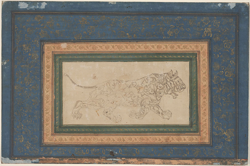 Verso of lion attacking a hunter