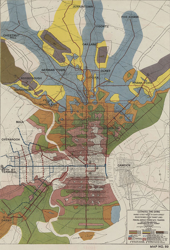 Estimated Time Saving From Market St-Broad to 8th St. by Recommended Rapid Transit Lines, 1914, map
