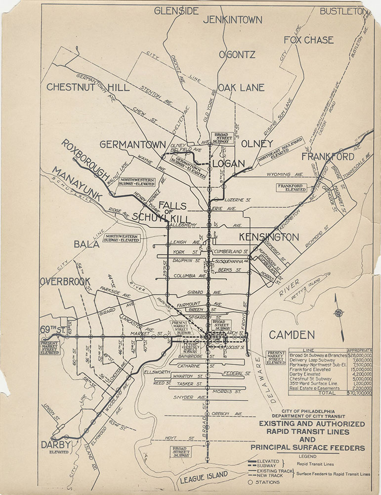 Existing & Authorized Rapid Transit Lines and & Principal Surface Feeders, 1923, map