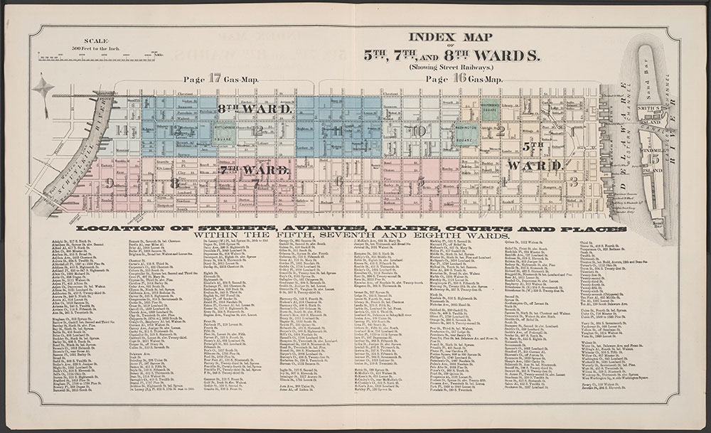 Atlas of Philadelphia, 5th, 7th & 8th Wards, 1874, Index Map & Street Listing