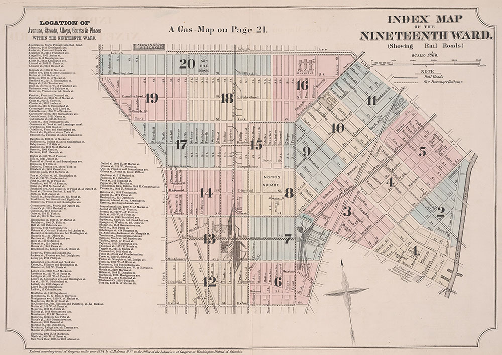 Atlas of Philadelphia, 19th Ward, 1874, Index Map & Street Listing