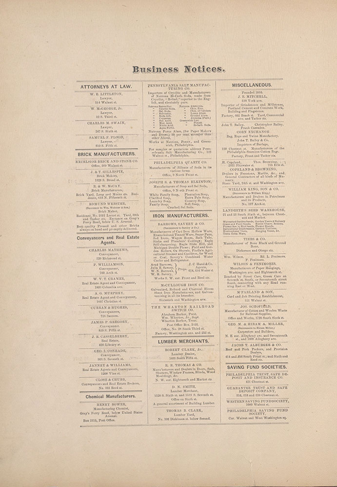City Atlas of Philadelphia, 1st, 26th and 30th Wards, 1876, Business Notices