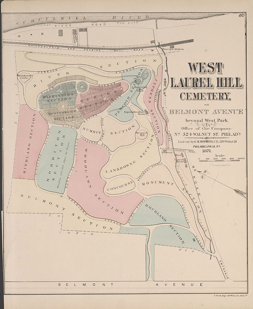 City Atlas of Philadelphia, 24th and 27th Wards, 1872, West Laurel Hill Cemetery