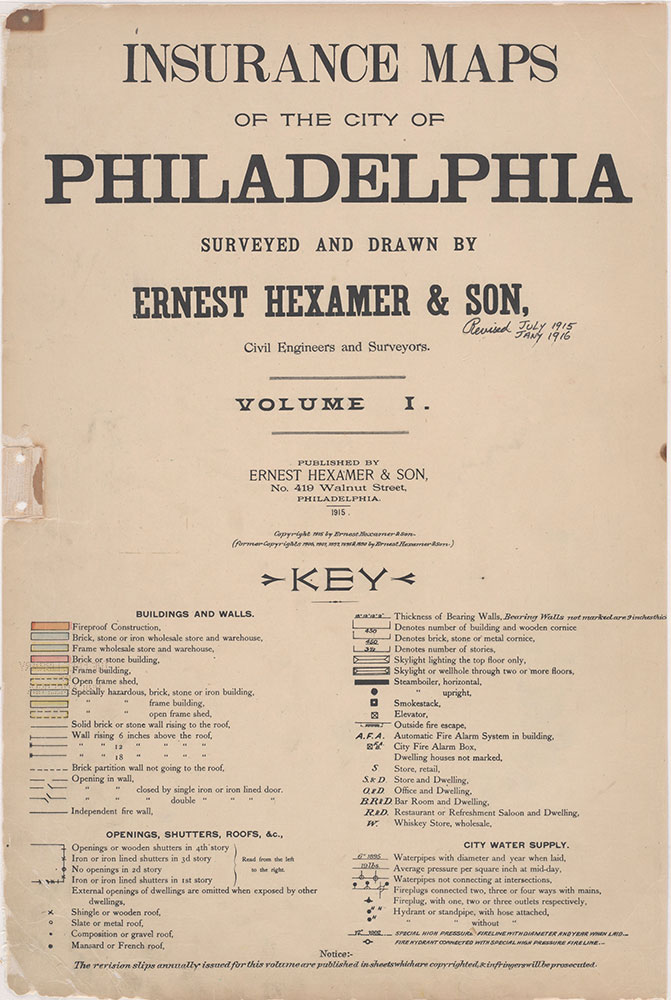 Insurance Maps of the City of Philadelphia, 1915-1916, Title Page and Key
