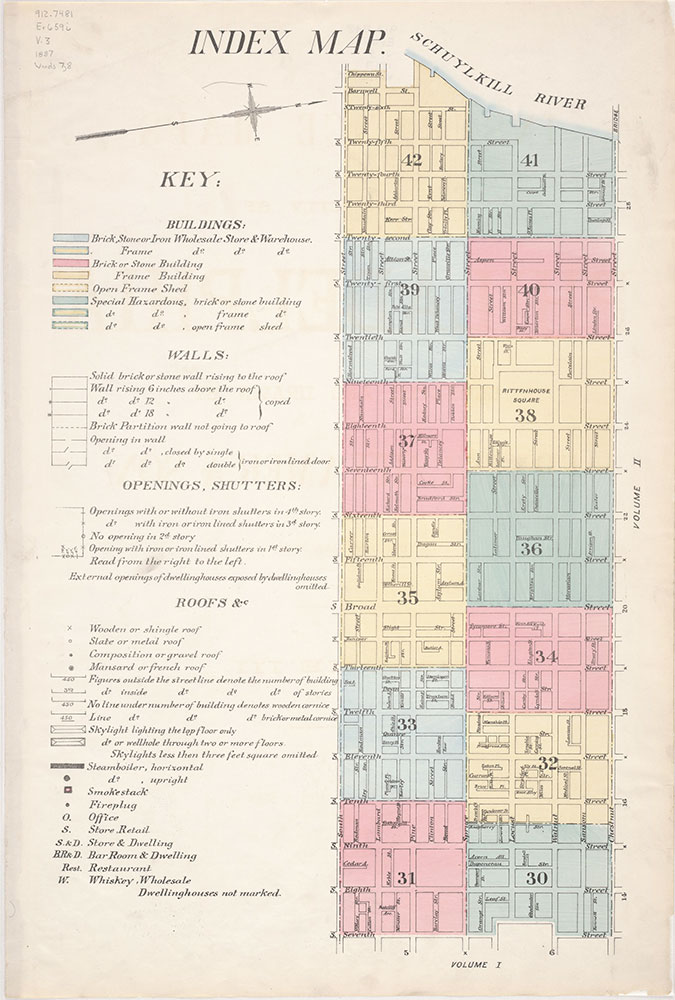 Insurance Maps of the City of Philadelphia, 1887, Index Map and key