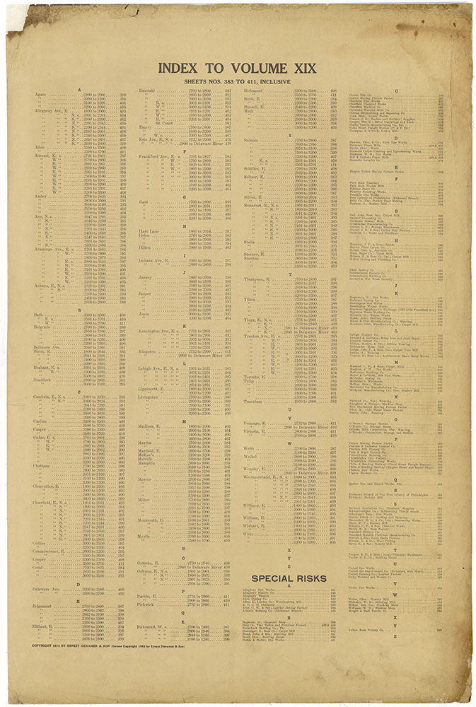 Insurance Maps of the City of Philadelphia, 1913-1918, Street Index & Special Risks