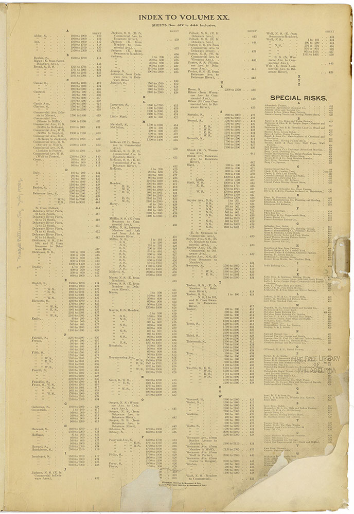 Insurance Maps of the City of Philadelphia, 1915-1920, Street Index & Special Risks