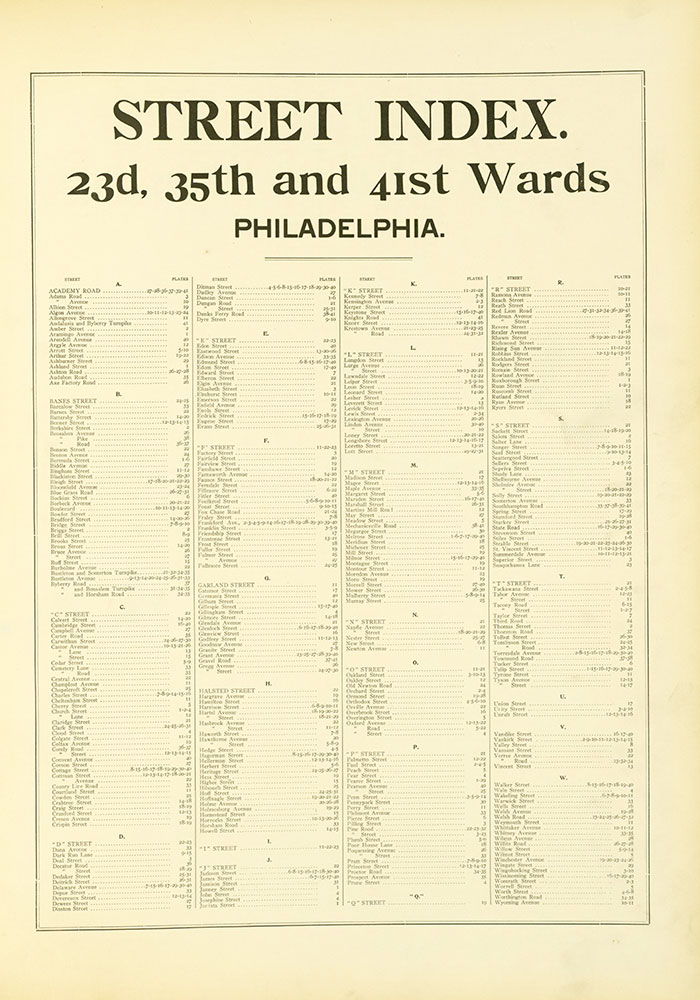 Atlas of the 23rd, 35th, & 41st Wards of the City of Philadelphia, Street Index