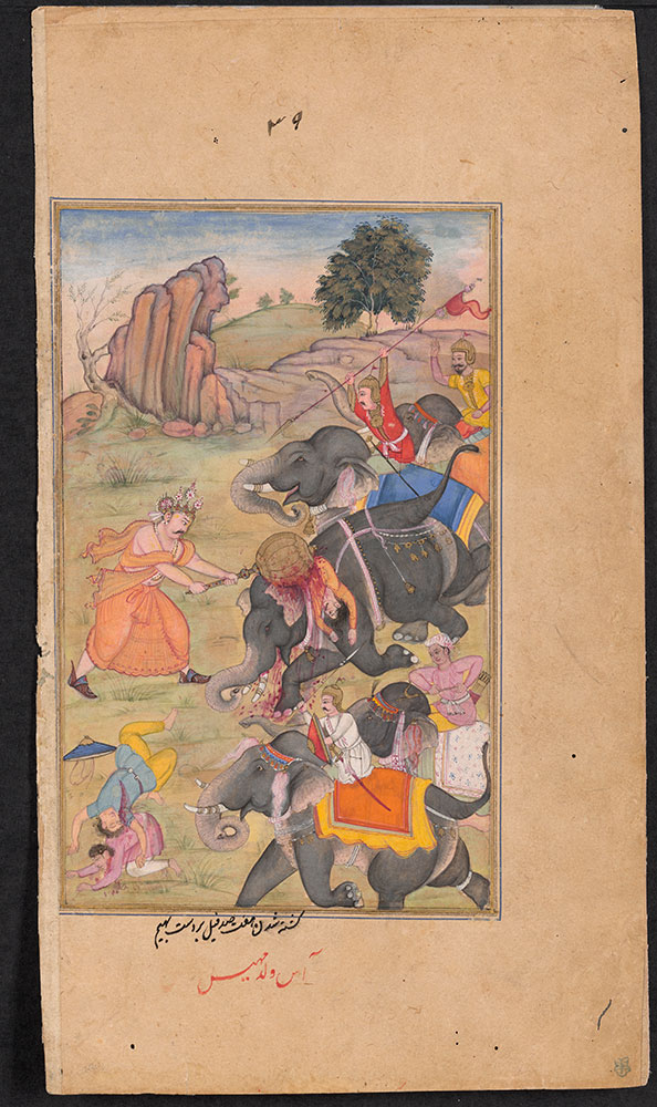 Razmnama Leaf, Bhima Slaughters Seven Hundred Elephants with His Mace