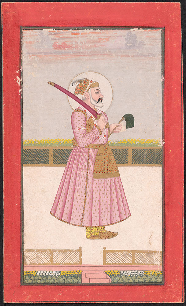 Portrait of Shah Jahan Standing on a Terrace with Sword