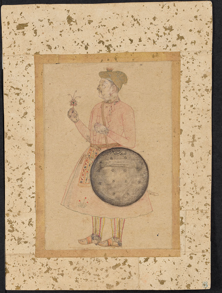 Portrait of Mahabat Khan Standing with Flower and Shield