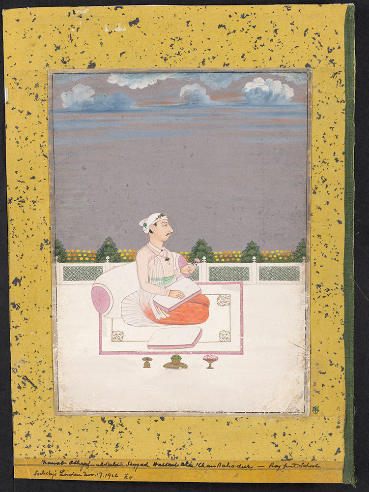 Portrait of Syed Hussain Ali Khan Seated on a Rug on a Terrace