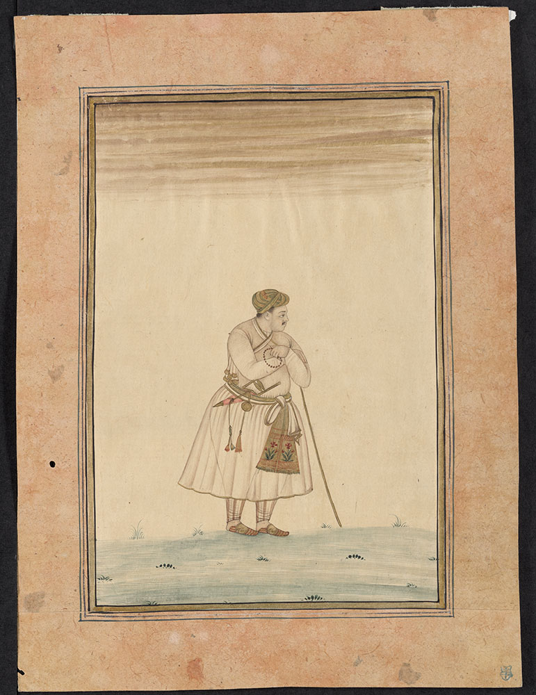 Drawing of an Unidentified Mughal Nobleman Leaning on His Staff