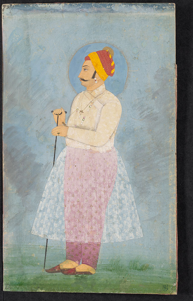 Portrait of a Mughal Prince Standing in a Red and Gold Turban