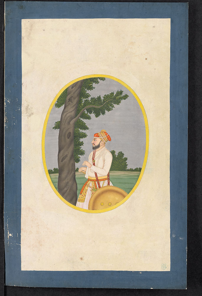 Oval Portrait of an Unidentified Mughal Nobleman with Shield by a Tree
