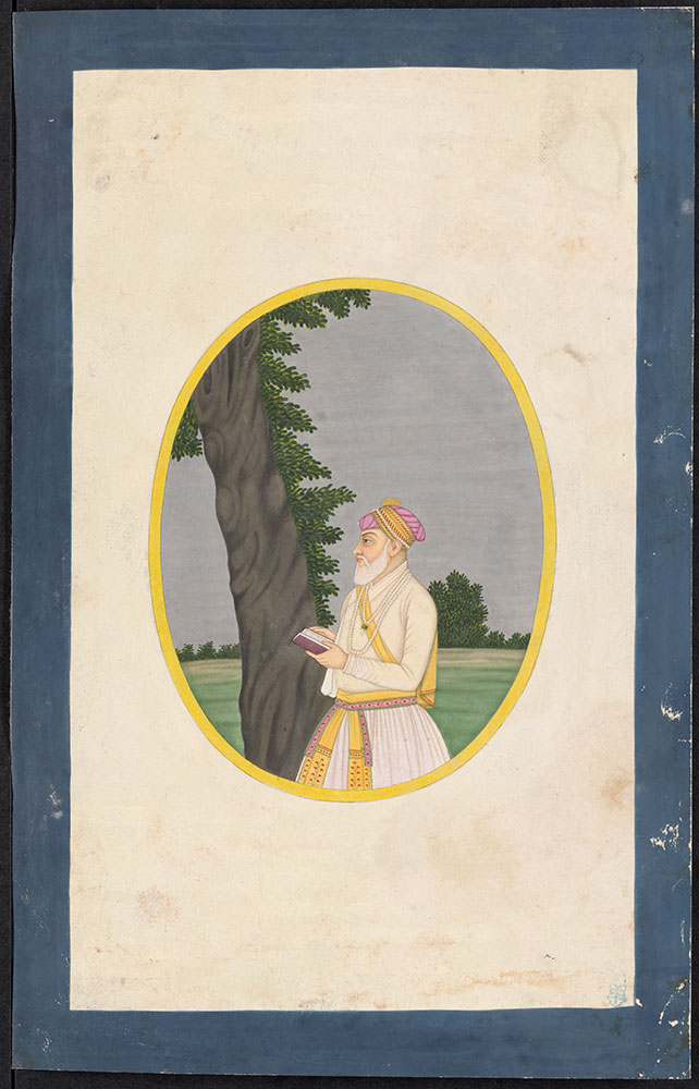 Oval Portrait of an Unidentified Mughal Nobleman Holding a Book by a Tree