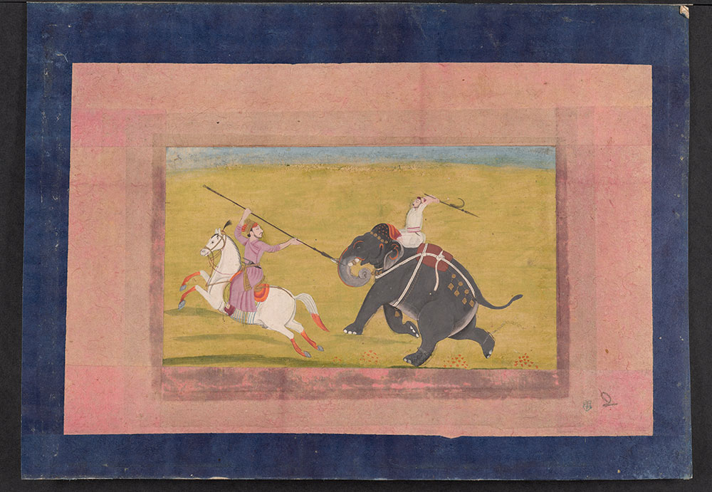 Painting of a Battle between a Man on Horseback and a Man on an Elephant