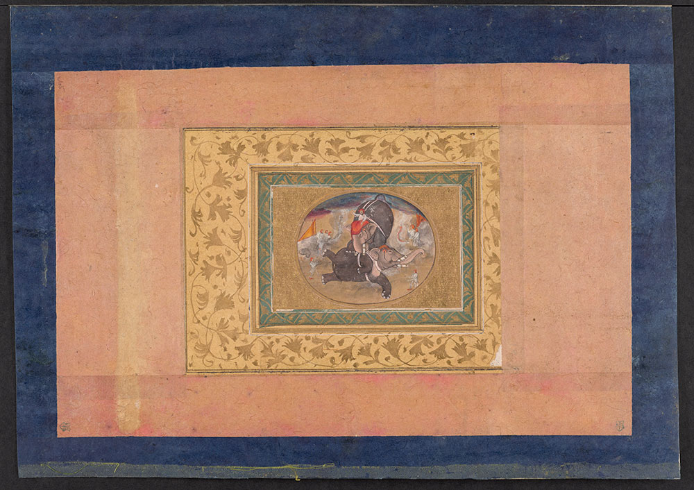 Oval Painting of Two Elephants Fighting