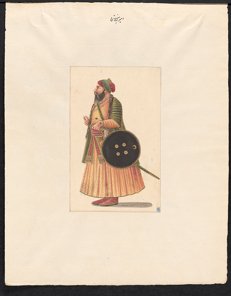 Portrait of an Unidentified Mughal Nobleman with Shield Wearing Yellow and Green